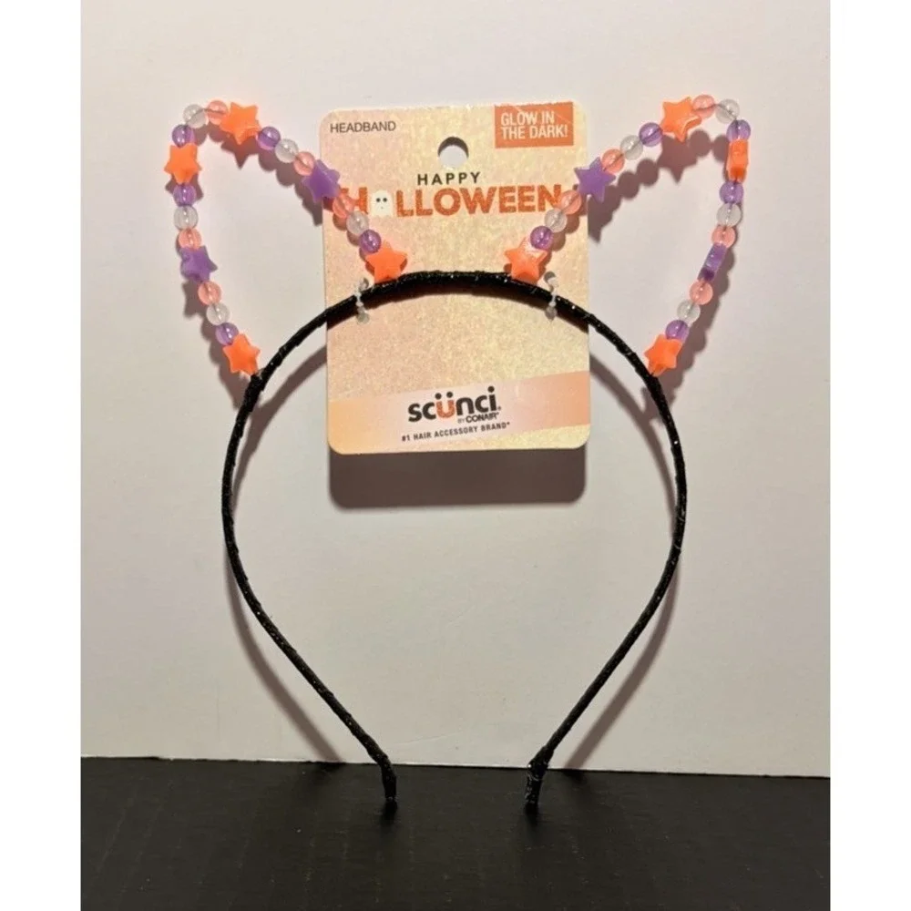 Scunci Kitty Ears Glow-in-the-Dark Black Headband Metal Stars Bead 2024 NWT
